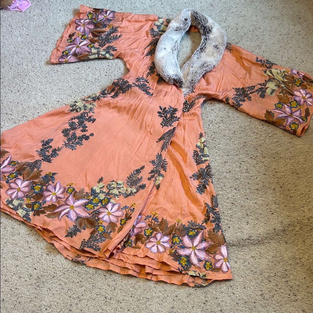 Free People Floral Kimono with Removable Faux Fur Collar